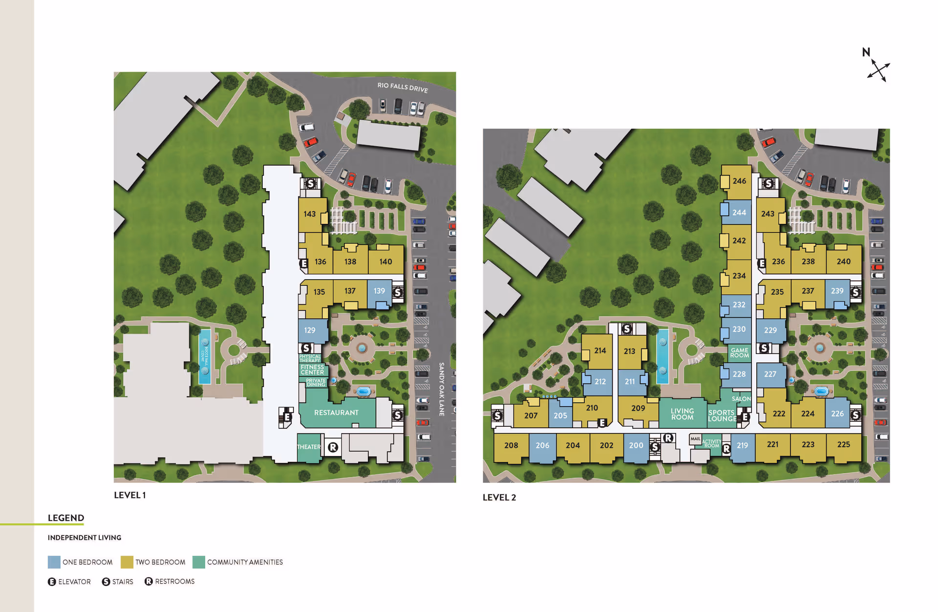 Floor plan of Atria Oakridge senior living facility showing two levels with labeled rooms including one-bedroom and two-bedroom apartments, community amenities such as a restaurant, fitness center, theater, living room, sports lounge, game room, and salon. The plan also indicates locations of elevators, stairs, and restrooms, with surrounding outdoor areas and parking spaces.
