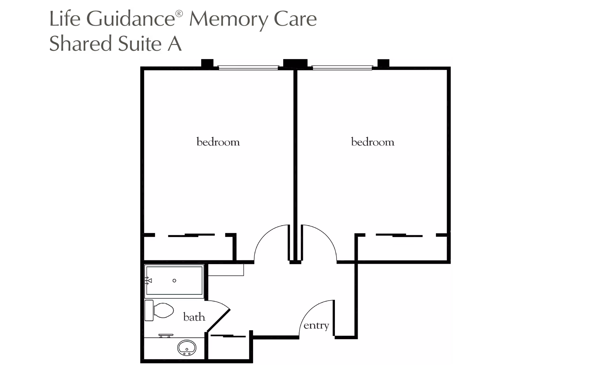 Floor plan layout of Life Guidance Memory Care Shared Suite A showing two bedrooms, one bathroom, and an entry area.