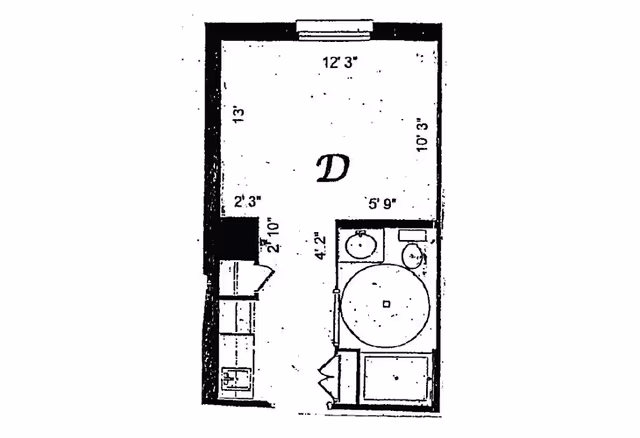 Black and white architectural floor plan of a small living space labeled 'D' showing dimensions for each section, including a main room, a kitchenette area, and a bathroom with a sink, toilet, and bathtub.