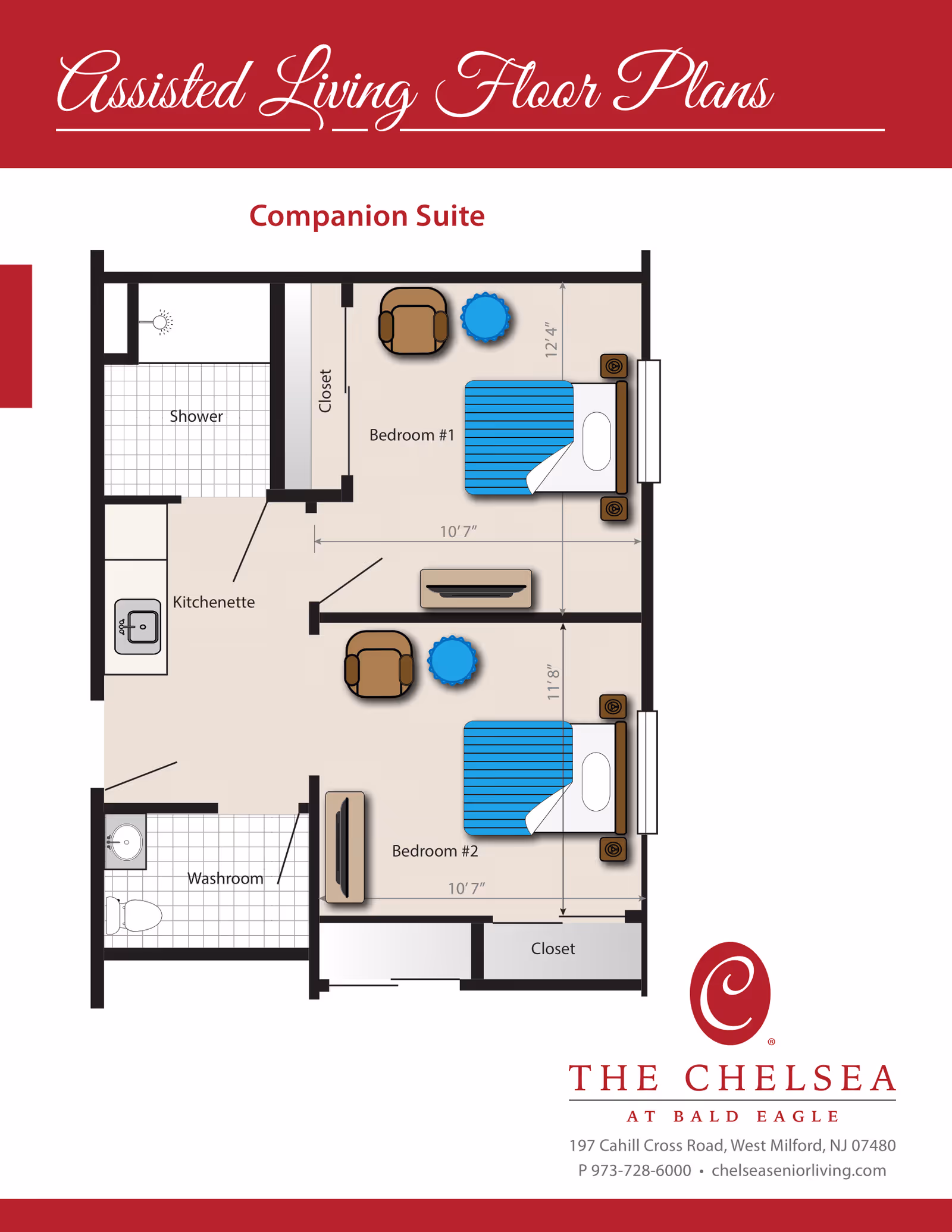 Floor plan of a Companion Suite in an assisted living facility showing two bedrooms, each with a bed, chair, small table, and closet. The suite includes a kitchenette, a washroom with a toilet and sink, and a shower area. Dimensions for the bedrooms are provided.