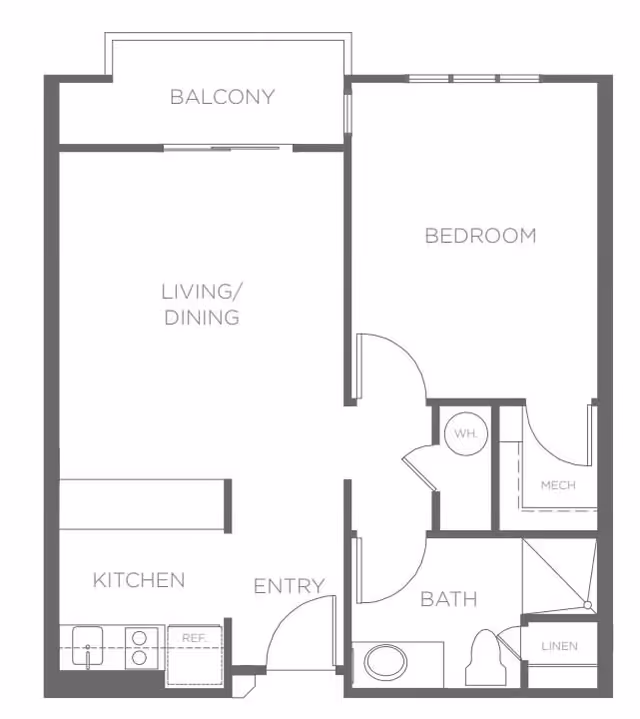Floor plan of a one-bedroom apartment at Drake Terrace showing a balcony, living/dining area, kitchen, entry, bedroom, bathroom, linen closet, mechanical room, and water heater closet.