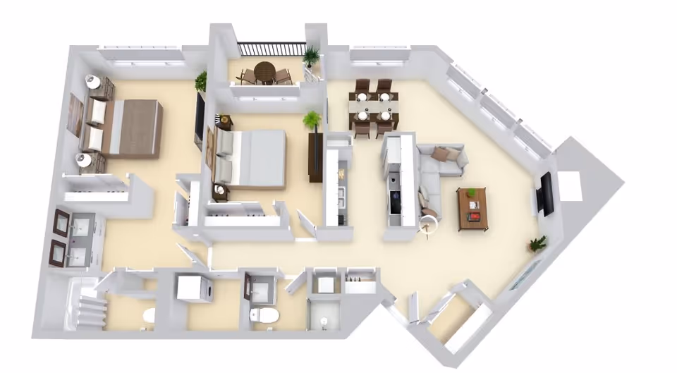 3D rendered floor plan of a two-bedroom apartment showing a living room, dining area, kitchen, two bathrooms, and a small balcony.