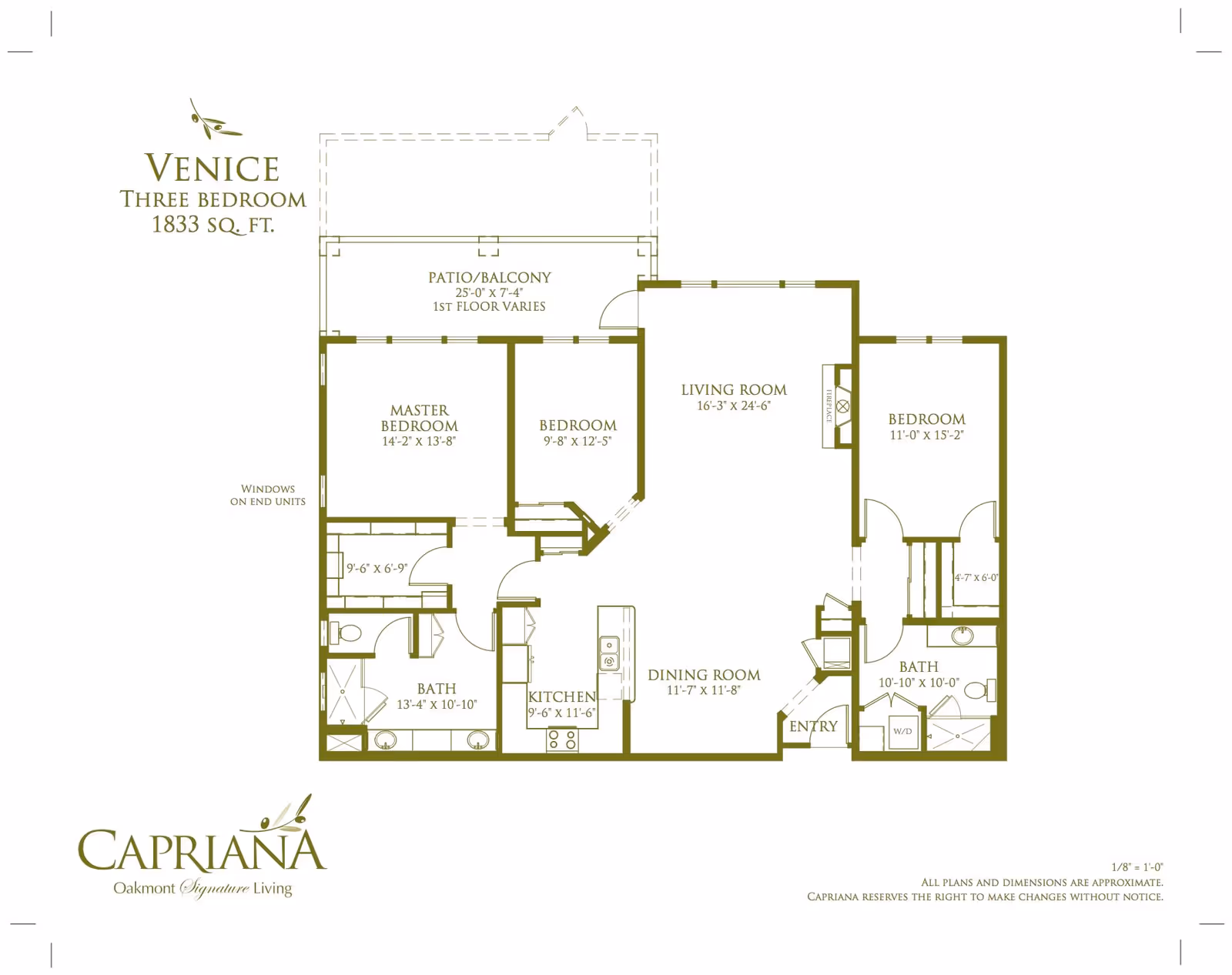 Floor plan of a three-bedroom apartment named Venice with 1833 square feet, showing layout including master bedroom, two additional bedrooms, two bathrooms, kitchen, dining room, living room, and a patio/balcony. Dimensions for each room are provided.