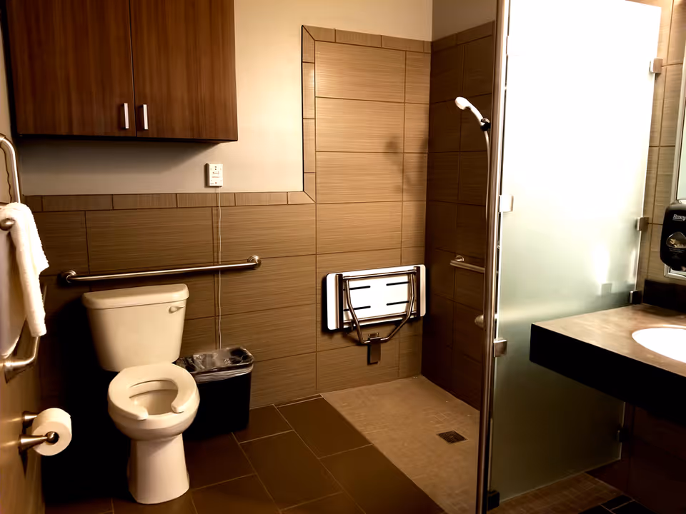 Accessible bathroom with a toilet, grab bars, fold-down shower seat, handheld showerhead and frosted glass shower door.