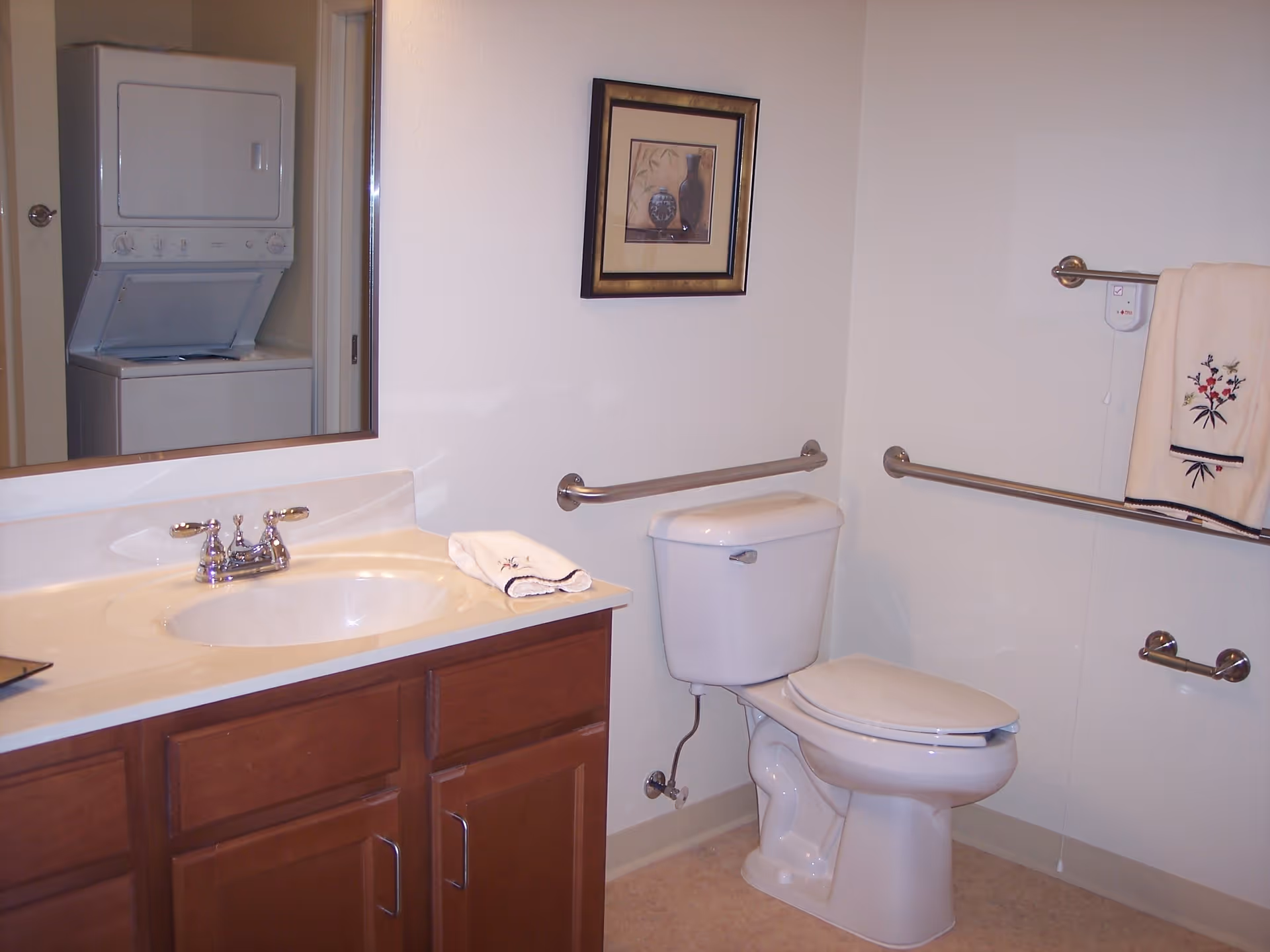 Bathroom with a white toilet equipped with grab bars on the walls for accessibility. A wooden vanity with a white countertop and sink is visible, with a folded towel on the counter. A framed picture hangs on the wall above the toilet. In the reflection of the mirror, a stacked washer and dryer unit can be seen in an adjacent room.