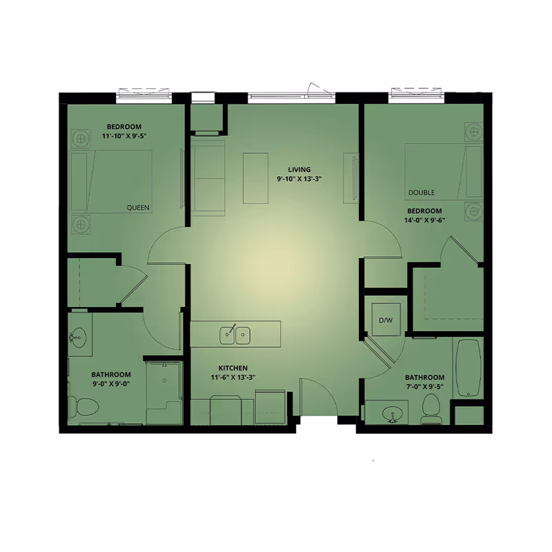 Top-down floor plan of a two-bedroom, two-bathroom apartment with a central living area and kitchen island.