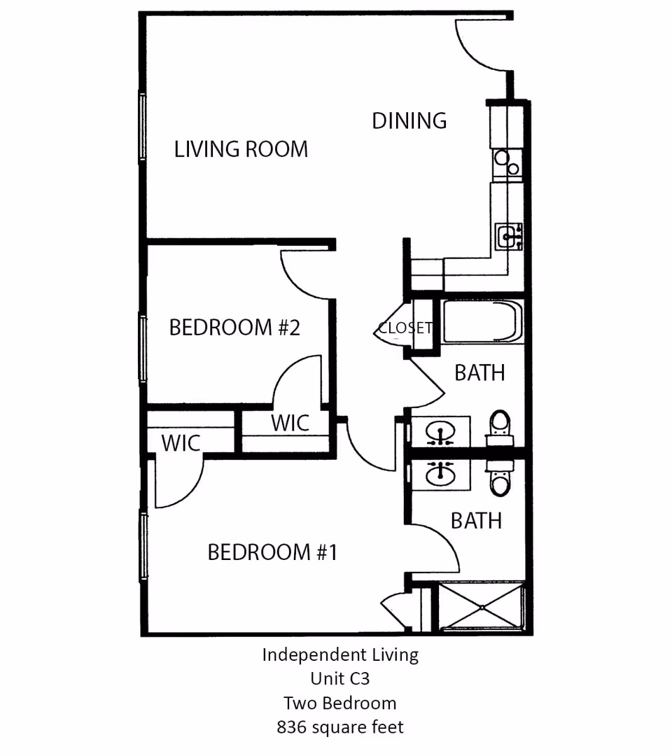 Floor plan of an independent living unit C3 at The Waterford on Highland Colony, showing two bedrooms, two bathrooms, a living room, dining area, kitchen, and closets, covering 836 square feet.