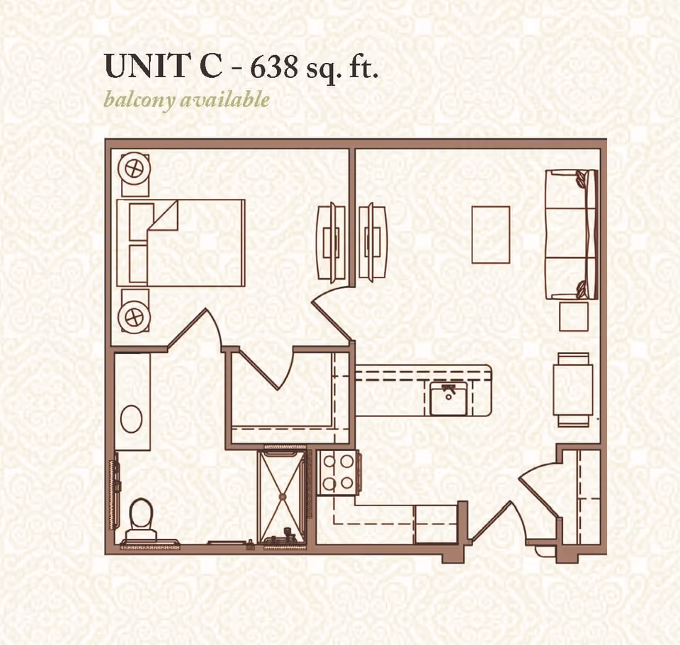 Floor plan of Unit C at The Blake at Lafayette, showing a 638 square foot layout with a bedroom, bathroom, kitchen, and living area. The plan includes a bed, two nightstands, a bathroom with a toilet and shower, a kitchen with a stove and sink, and a living room with a sofa, coffee table, and side table. Balcony availability is noted.