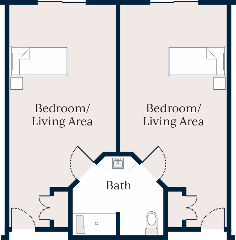 Floor plan showing two adjacent bedroom/living areas each with a bed and nightstand, connected by a central bath area with a sink, bathtub, and toilet.