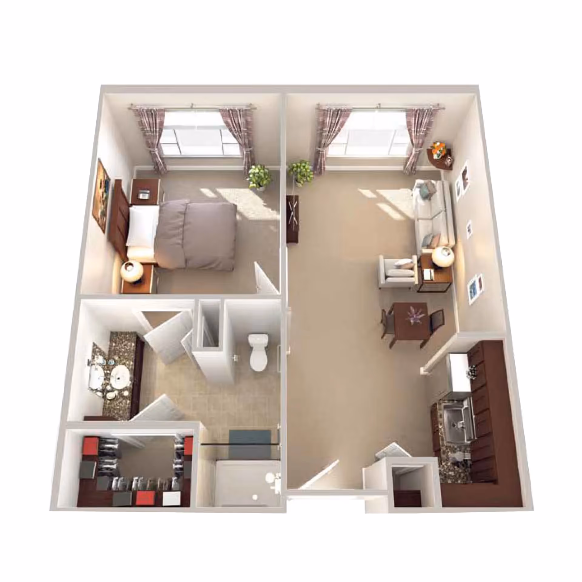 3D floor plan of a senior living apartment featuring a bedroom with a bed and nightstands, a bathroom with a sink, toilet, and shower, a walk-in closet, a living room with a sofa, armchair, small dining table, and a kitchen area with cabinets and a sink.
