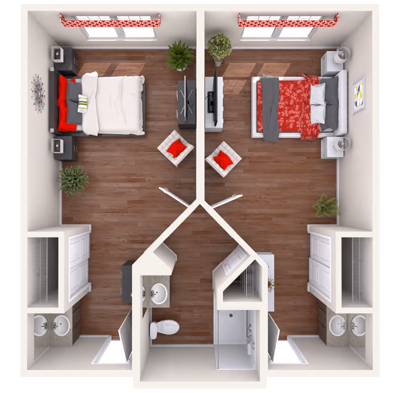 Top-down view of a two-bedroom apartment layout with two separate bedrooms, each furnished with a bed, nightstands, chairs, plants, and windows. The bedrooms share a central bathroom area with a toilet, sink, and shower. Both bedrooms have closets and double sinks in the bathroom areas.
