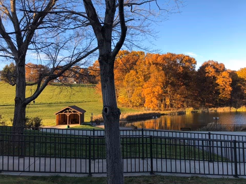 Park-like outdoor view of a pond with a small wooden gazebo, a fenced walkway, and trees with autumn foliage.