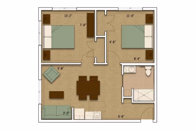 Floor plan of a living space with two bedrooms, a bathroom, a dining area with a table and four chairs, a living room with a sofa and chair, and a kitchen area with a sink and stove.