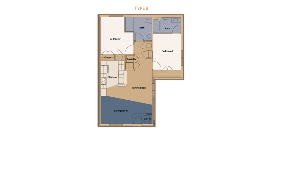 Floor plan of Fieldstone Apartments showing two bedrooms, two bathrooms, a kitchen, dining room, living room, laundry area, and closets.