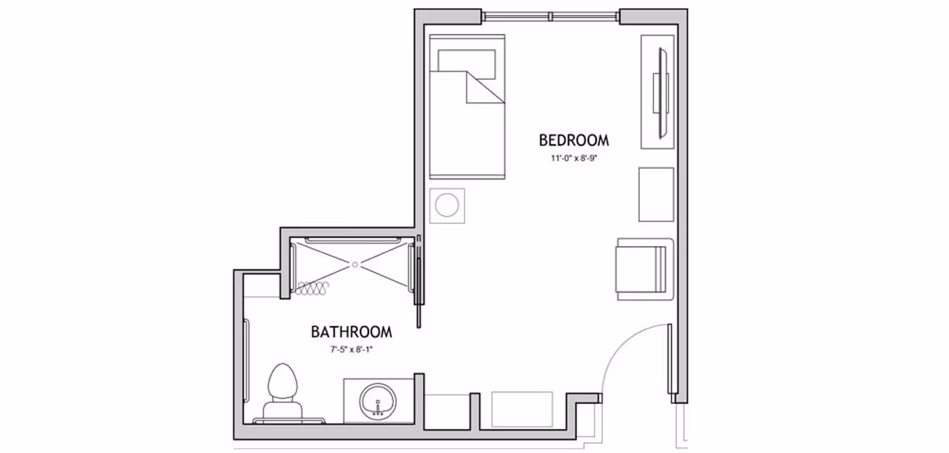Architectural floor plan showing a bedroom and an attached bathroom. The bedroom includes a bed, a TV, a chair, and a small table. The bathroom contains a toilet, a sink, and a shower.