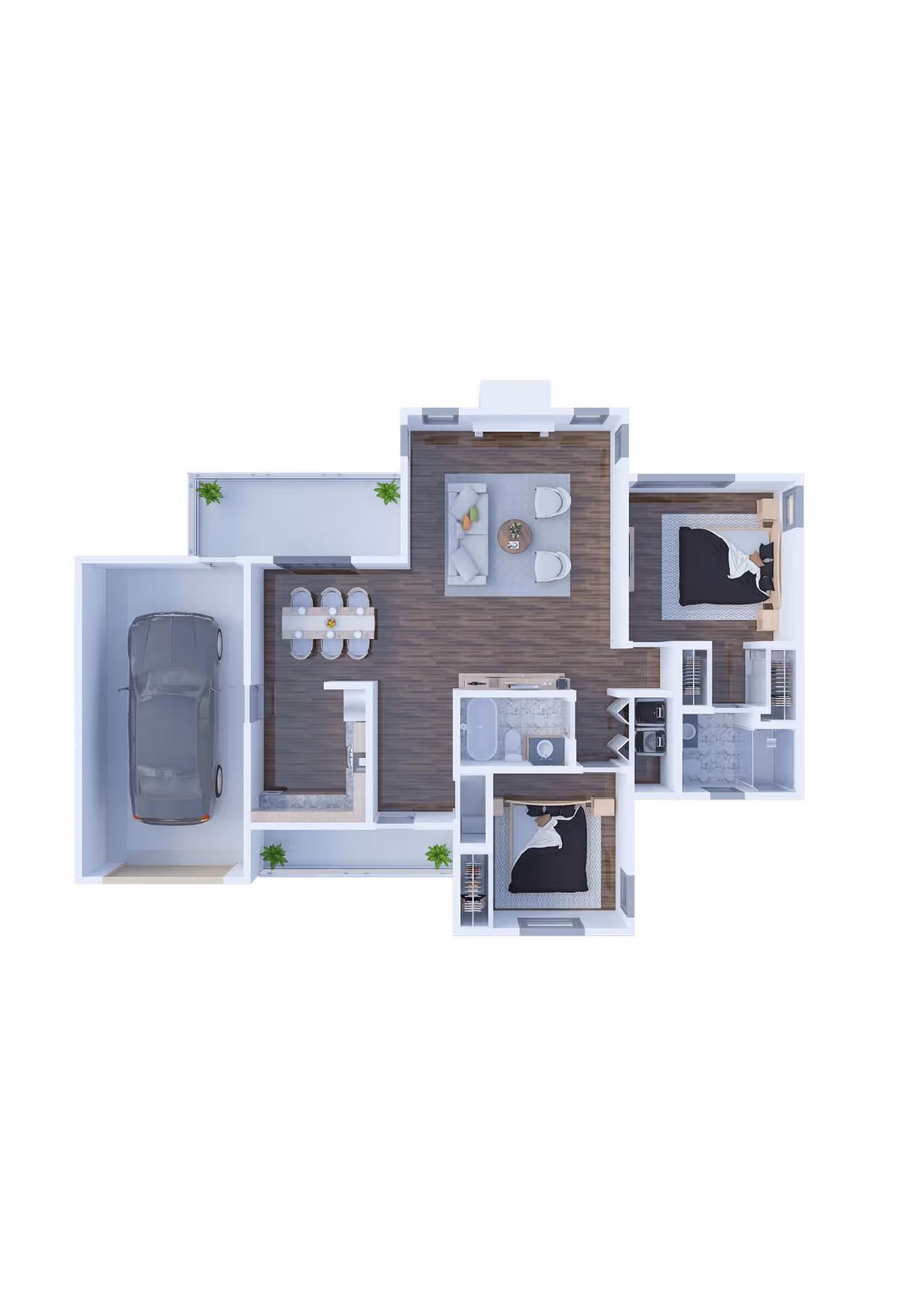 Top-down 3D floor plan of a residential unit showing two bedrooms, a living room with seating, a dining area with a table and six chairs, a kitchen, a bathroom, a laundry area with washer and dryer, and a garage with a car. There are also two small outdoor patio areas with plants.