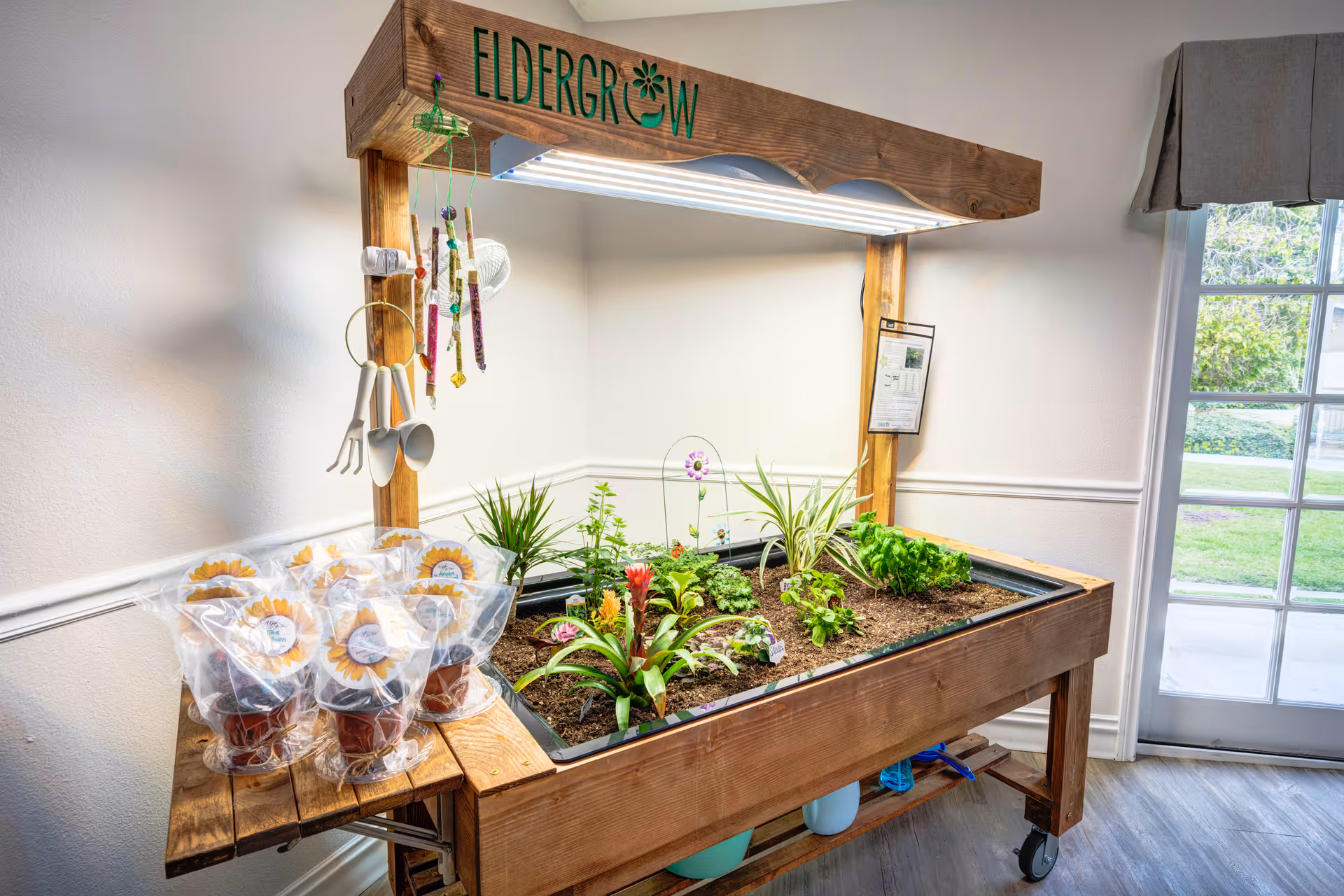 Indoor gardening station with a wooden frame labeled 'ELDERGROW' featuring a raised garden bed filled with soil and various small plants. Gardening tools hang on the side, and several small potted plants wrapped in plastic with sunflower labels are placed on a wooden side shelf. The room has light-colored walls, a window with a view of greenery outside, and wood flooring.