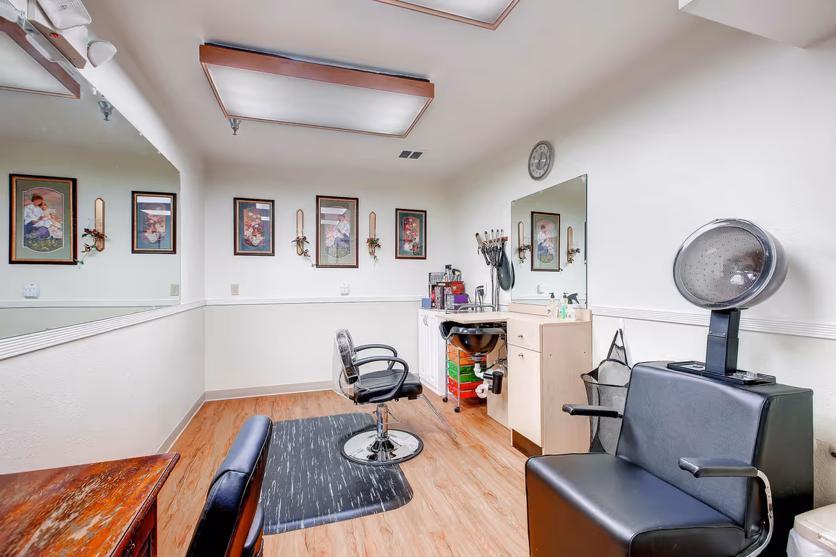 Interior of a small salon room with a black salon chair in front of a mirror, a hair dryer chair, wooden flooring, framed floral and figure artwork on the walls, and a countertop with hair care supplies.