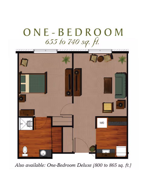 Floor plan of a one-bedroom apartment with an area of 655 to 740 square feet. The layout includes a bedroom with a bed and nightstand, a living room with a sofa, chairs, coffee table, and TV stand, a kitchen area with appliances and washer/dryer, and a bathroom with a toilet and sink. The flooring is a mix of carpet and wood.