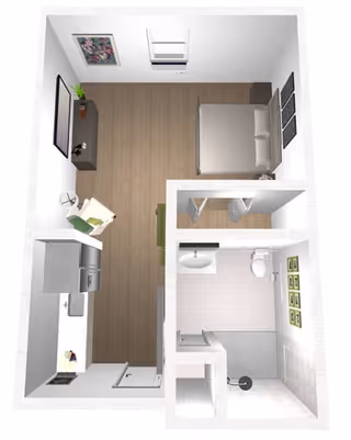 Top-down 3D floor plan of a studio apartment showing a combined living/sleeping area, kitchenette, and bathroom.