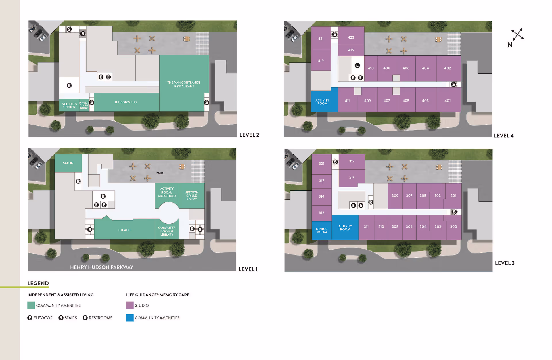 Floor plans of Atria Riverdale senior living facility showing four levels. Level 1 includes a salon, theater, activity room/art studio, computer room & library, patio, and Uptown Grille Bistro. Level 2 features Hudson's Pub, The Van Cortlandt Restaurant, wellness center, and a dining room. Level 3 and Level 4 primarily show studio apartments with some community amenities like dining room and activity rooms. Elevators, stairs, and restrooms are marked on each level. A legend explains color coding for independent & assisted living and life guidance memory care areas.