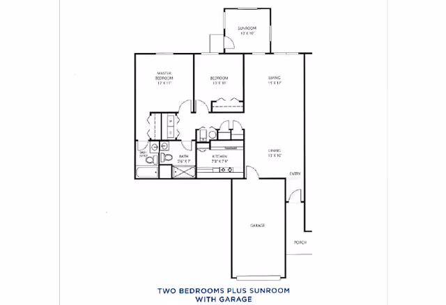 Floor plan of a residence showing two bedrooms, a sunroom, living room, dining area, kitchen, two bathrooms, a garage, and a porch. The master bedroom measures 17 by 13 feet, the second bedroom 10 by 10 feet, the sunroom 10 by 10 feet, the living room 15 by 17 feet, the dining area 13 by 10 feet, the kitchen 7 feet 8 inches by 7 feet 4 inches, and the bath 5 feet 6 inches by 7 feet. The layout includes labeled rooms and entry points.