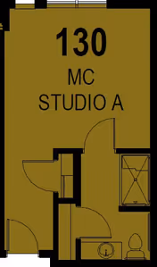Floor plan layout of a studio apartment labeled 130 MC Studio A, showing an entry door, a bathroom with a toilet, sink, and shower, and an open main living area.
