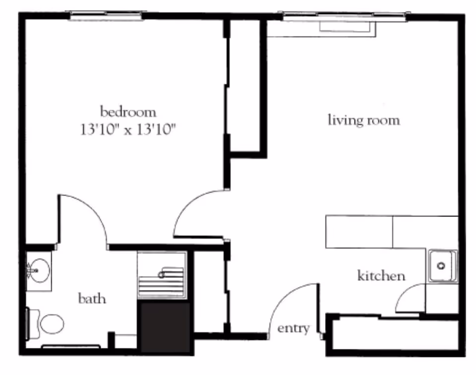Floor plan of a one-bedroom apartment at Kauhale Port City showing a bedroom measuring 13'10" by 13'10", a living room, a kitchen, a bathroom, and an entry area.