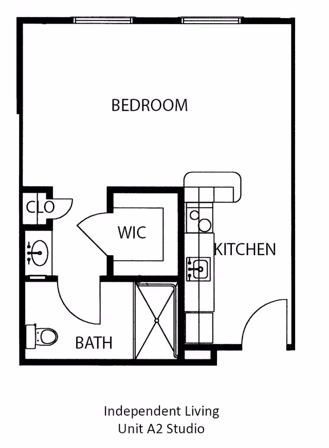 Floor plan of an independent living Unit A2 Studio at The Waterford at Ironbridge, showing a bedroom, kitchen, walk-in closet (WIC), bathroom with toilet and sink, and a small closet (CLO).