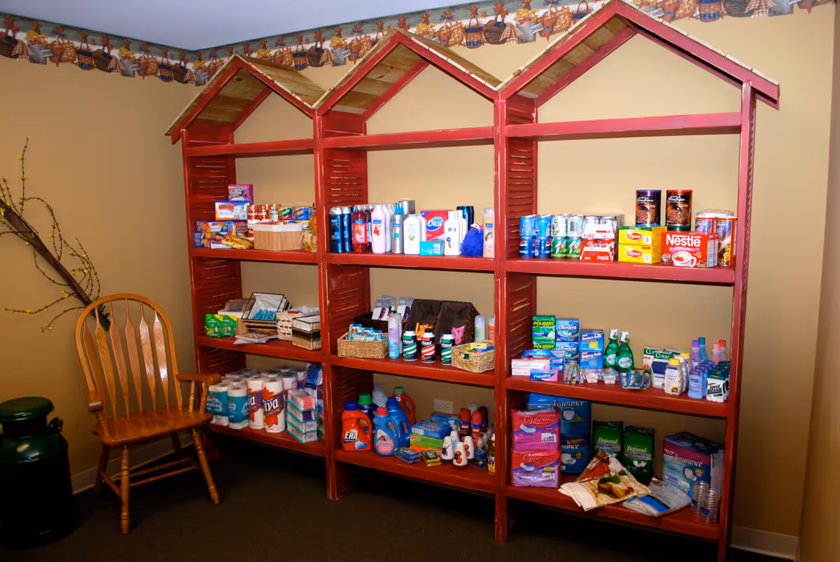 A wooden shelf unit with a roof-like design on top, filled with various household and personal care products such as laundry detergent, paper towels, canned drinks, toiletries, and snacks. To the left of the shelf is a wooden chair and a green decorative container with a branch arrangement. The room has beige walls with a decorative border near the ceiling.