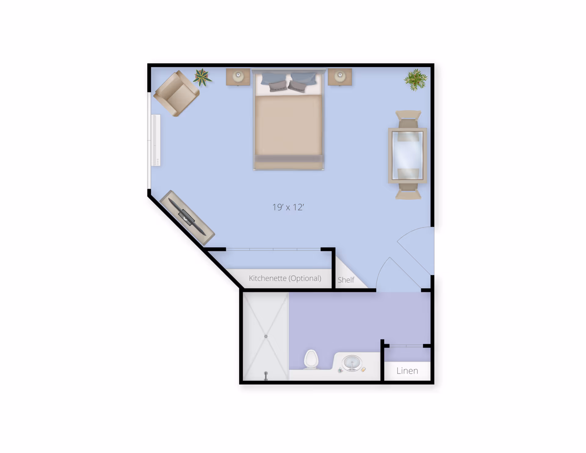 Floor plan of a senior living unit at Juniper Village at Spicewood Summit showing a 19 by 12 feet bedroom with a bed, two nightstands, a chair, a TV, a small table with two chairs, and plants. The unit includes an optional kitchenette area, a bathroom with a shower, toilet, sink, and a linen closet.