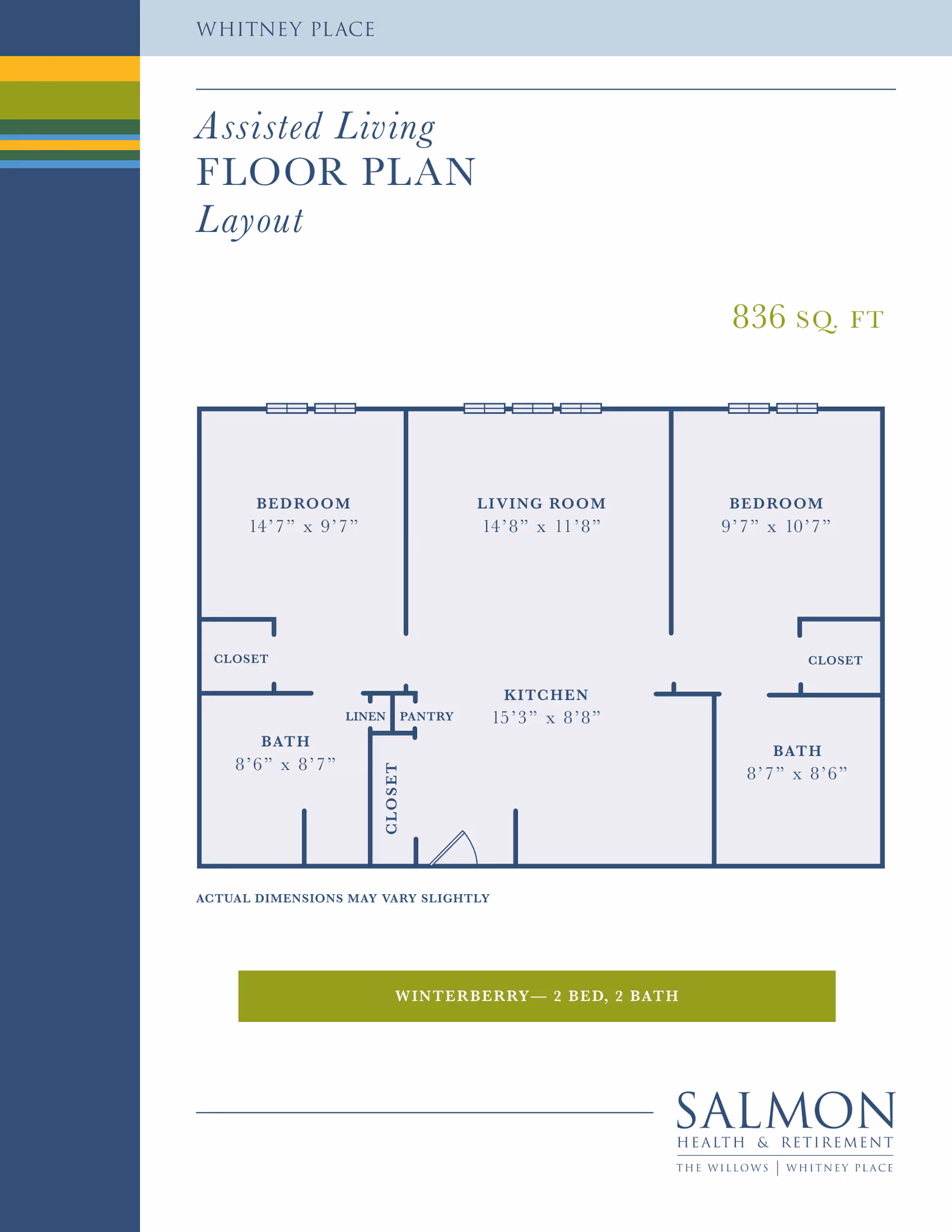 Floor plan layout of an assisted living unit named Winterberry at Whitney Place, showing two bedrooms, two bathrooms, a living room, kitchen, closets, linen and pantry areas, with dimensions for each room.