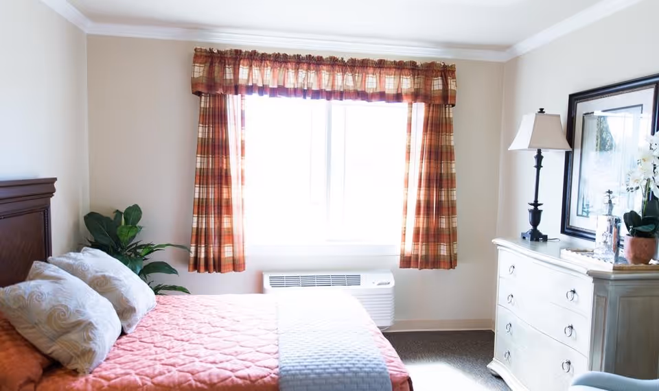 A bright bedroom with a bed covered in a coral quilt and two patterned pillows. There is a window with plaid curtains letting in natural light. To the right, there is a white dresser with a lamp, a framed picture, and a potted plant on top. A green leafy plant is placed beside the bed.