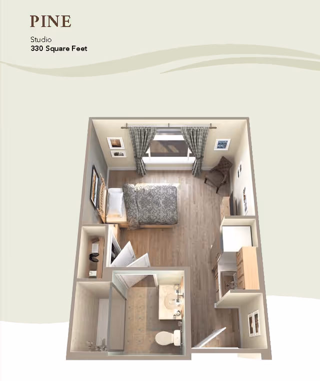 3D floor plan of a studio apartment named Pine with 330 square feet. The layout includes a combined living and sleeping area with a bed, chair, and dresser, a small kitchen with cabinets and appliances, and a bathroom with a toilet, sink, and shower.