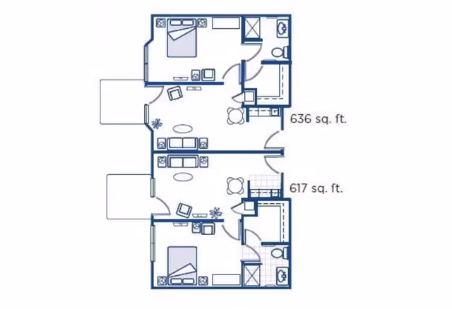 Architectural floor plan showing two adjacent apartment units with bedrooms, bathrooms, living areas, and small kitchens. One unit is 636 square feet and the other is 617 square feet.