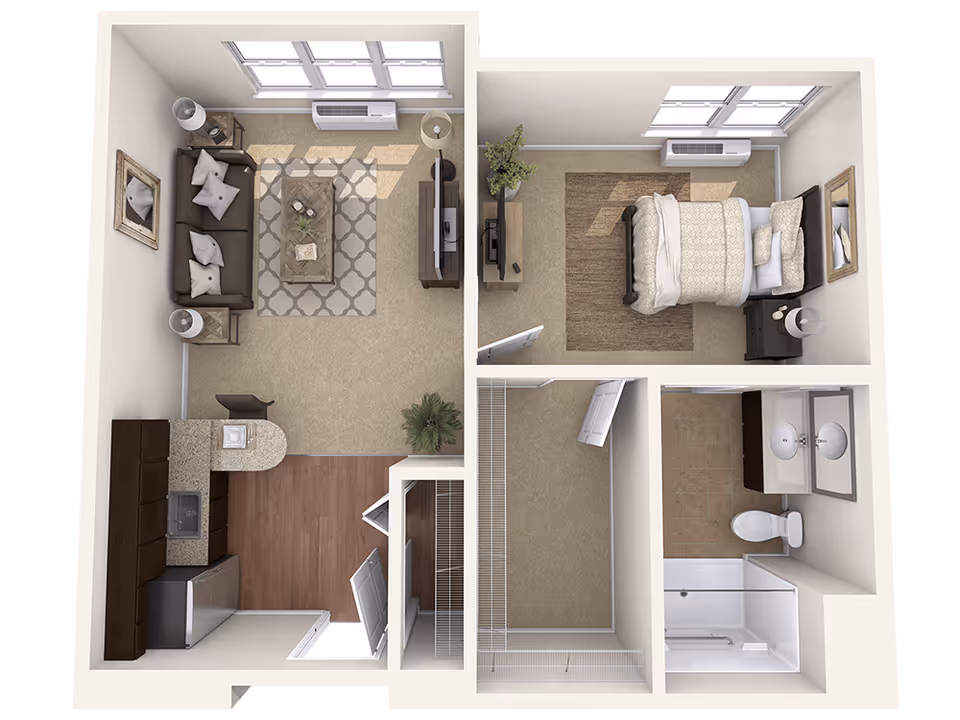 3D floor plan of a one-bedroom apartment featuring a living room with a sofa, coffee table, TV, and lamps, a kitchen with appliances and cabinets, a bedroom with a bed, nightstand, and TV, a bathroom with a shower, toilet, and double sink, and a walk-in closet.