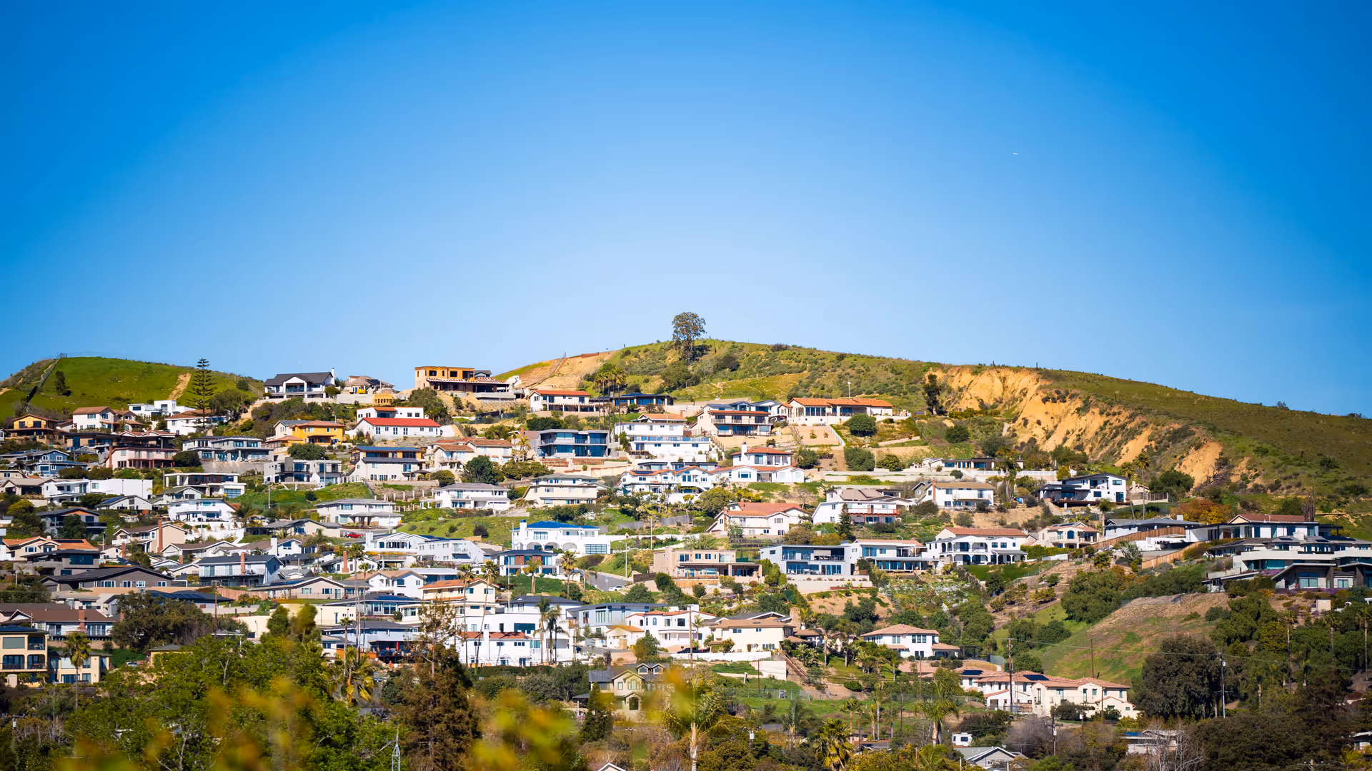 Hillside densely covered with numerous houses under a clear blue sky, with green vegetation and trees scattered throughout the area.