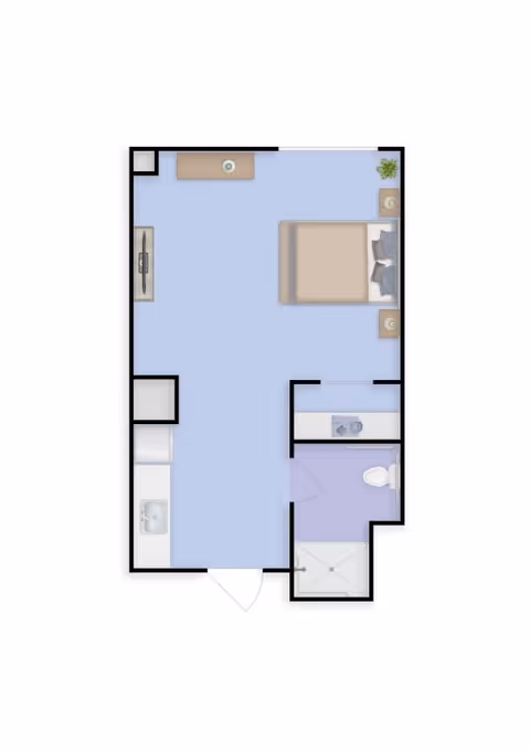 Floor plan of a studio apartment featuring a combined living and sleeping area with a bed, two nightstands, a TV mounted on the wall, and a dresser. The layout includes a kitchenette with a sink and a small counter, and a separate bathroom with a toilet and a shower.