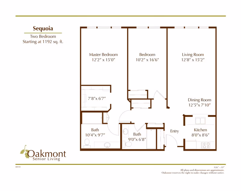 Floor plan of Sequoia two-bedroom apartment at Oakmont Senior Living, showing dimensions for master bedroom, bedroom, living room, dining room, kitchen, two bathrooms, and entry area.