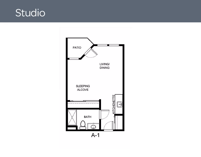Floor plan of a studio apartment at Holiday Durham Regent showing a patio, living/dining area, sleeping alcove, kitchenette, and bathroom.