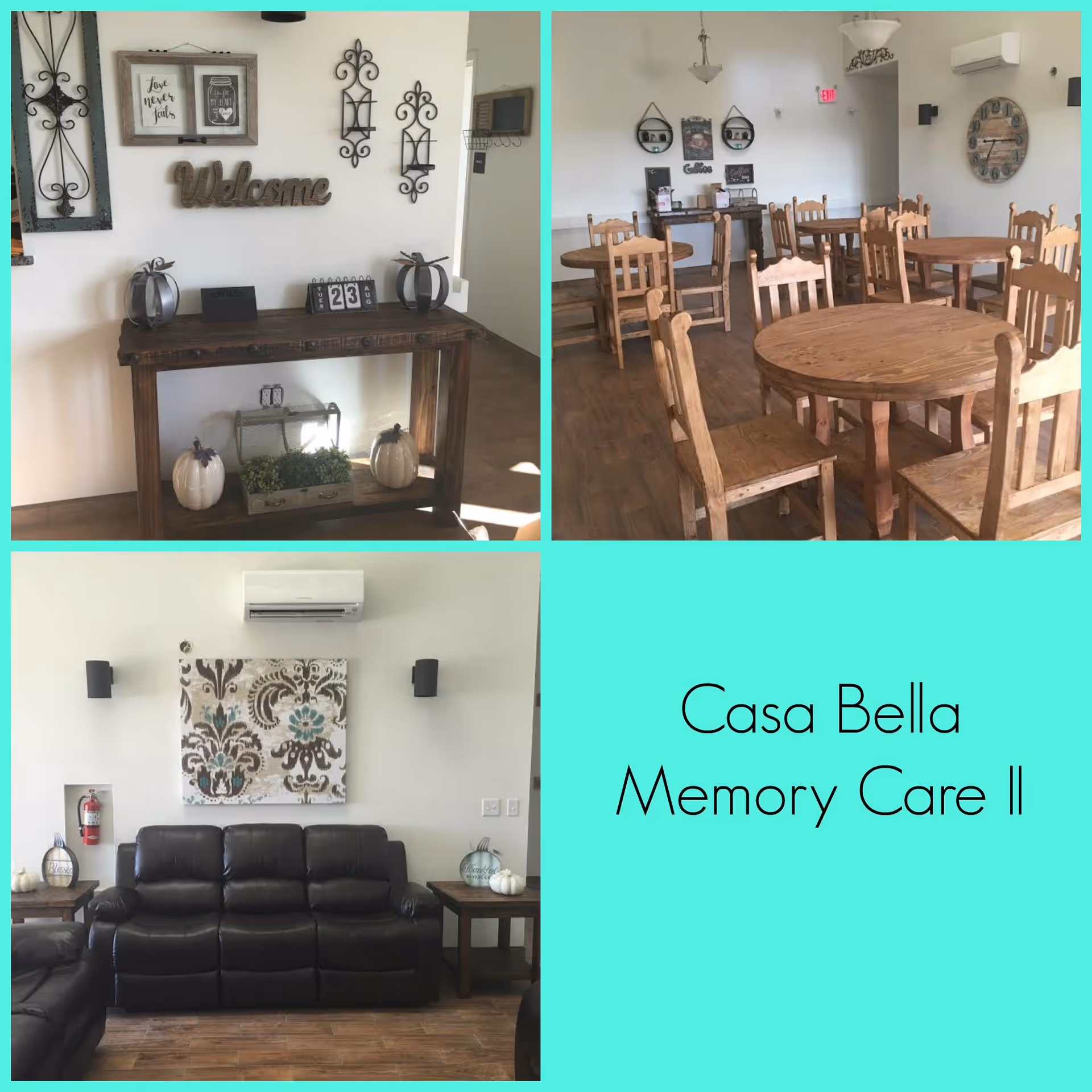 Collage of three images showing interior spaces of Casa Bella Assisted Living. The top left image shows a wooden console table decorated with pumpkins, plants, and a calendar, with wall decor including a 'Welcome' sign. The top right image shows a dining area with multiple wooden tables and chairs, wall clocks, and coffee station. The bottom left image shows a living room area with a black leather sofa, side tables, wall art, and a fire extinguisher.