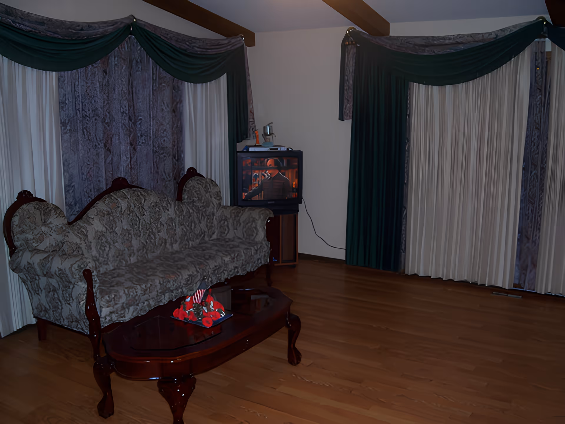 A living room with a vintage patterned sofa and a wooden coffee table with a small floral arrangement. Behind the sofa are large windows covered with layered curtains in dark green and white. A small television on a stand is placed in the corner, showing a scene from an animated movie.