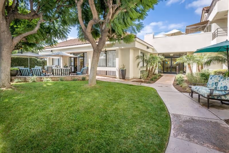 Sunny outdoor courtyard with a green lawn, mature trees, patio seating with umbrellas and a walkway leading to the building entrance.