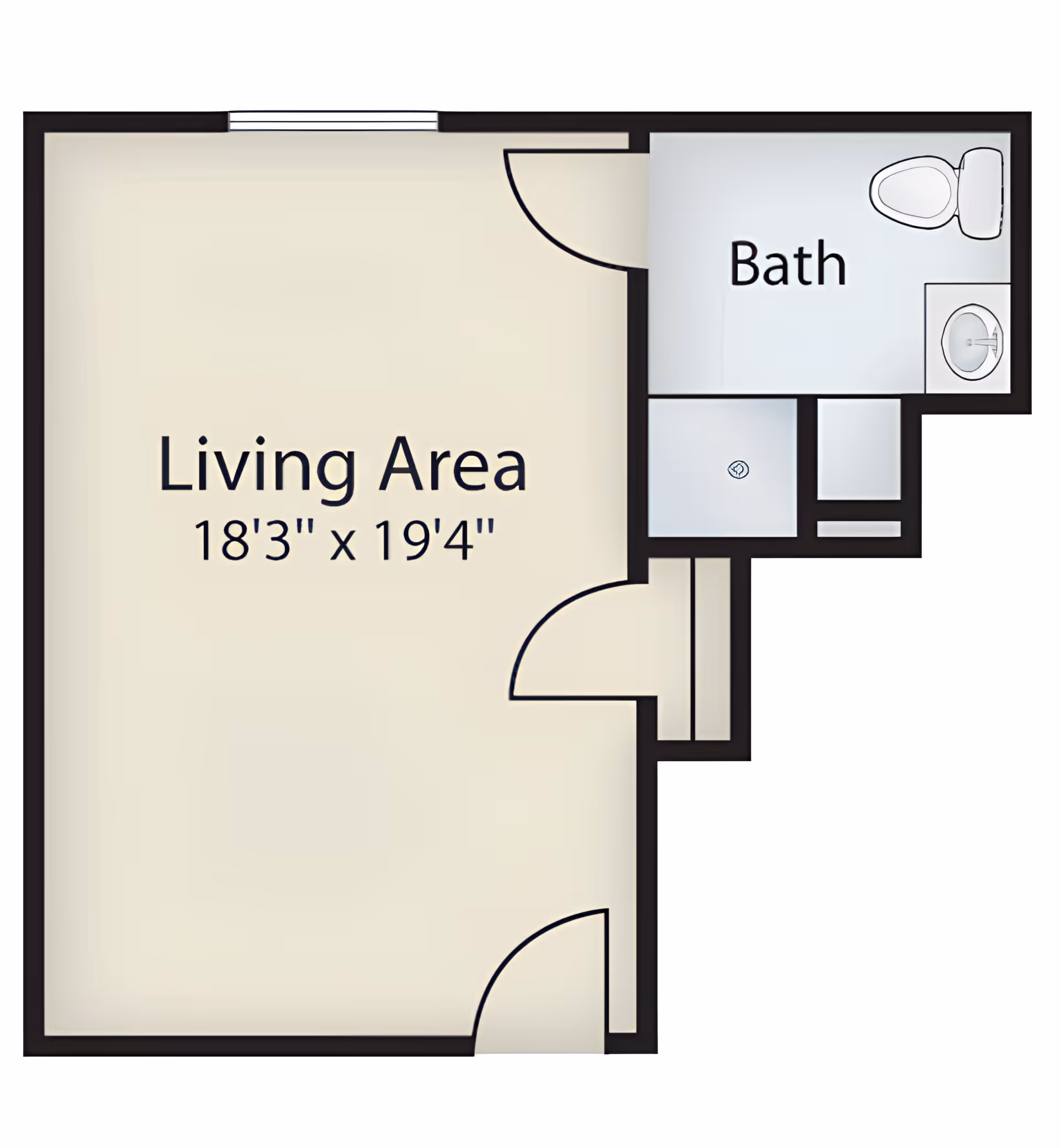 Floor plan showing a living area measuring 18 feet 3 inches by 19 feet 4 inches, connected to a bathroom with a toilet, sink, and shower.