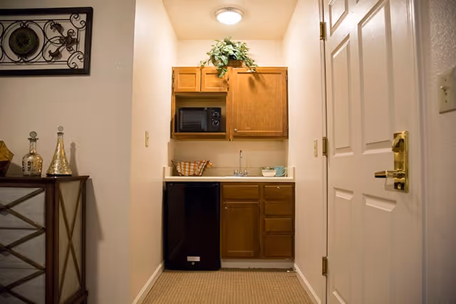 Small kitchenette area with wooden cabinets, a black mini refrigerator, a microwave, a sink, and some decorative items including a plant on top of the cabinets and a basket on the counter. To the left, part of a wooden cabinet with decorative bottles is visible, and to the right, a white door with a gold handle is partially open.