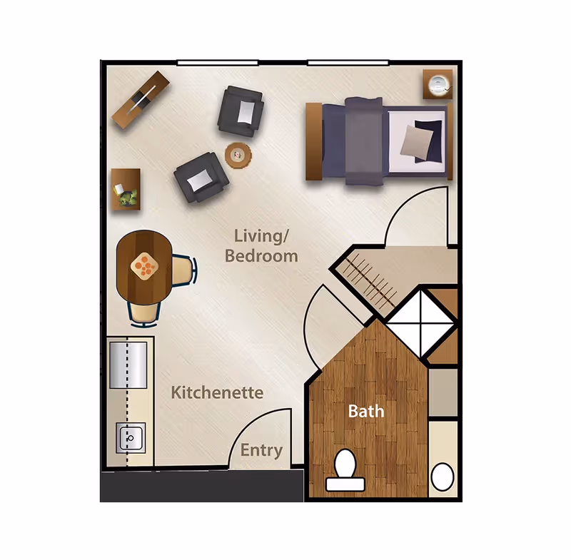 Floor plan of a small studio apartment with labeled areas including a living/bedroom space with a bed, two chairs, a small table, and a side table. There is a kitchenette with a sink and counter, an entry door, and a bathroom with a toilet and shower.