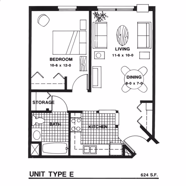 Black-and-white floor plan labeled 'Unit Type E' showing a one-bedroom, one-bath apartment with living, dining, kitchen and storage areas.