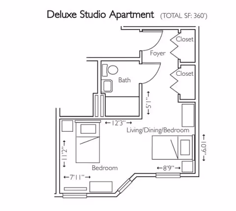 Architectural floor plan of a deluxe studio apartment with a total area of 360 square feet. The layout includes a foyer with two closets, a bathroom, a combined living/dining/bedroom area, and a separate bedroom. Dimensions for various sections are marked.