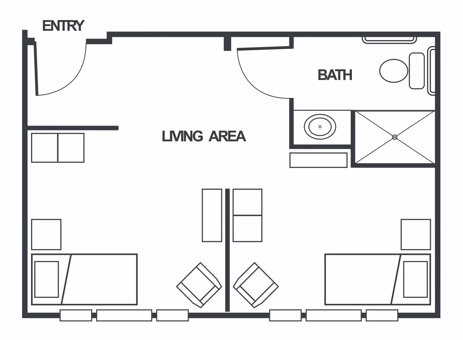 Floor plan layout of a living area with two separate sleeping areas, each containing a bed and a nightstand. The living area includes two chairs and a small table between them. There is an entry door on the left side and a bathroom with a toilet, sink, and shower on the right side.