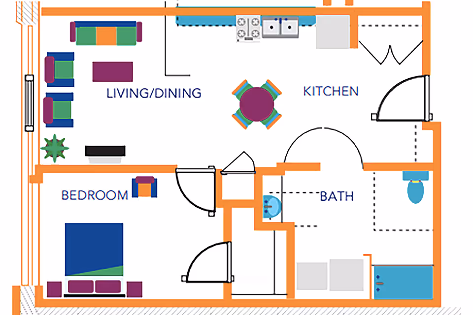 Colorful floor plan of a Rivertown Assisted Living apartment showing living/dining area, kitchen, bedroom, bath, and entry.